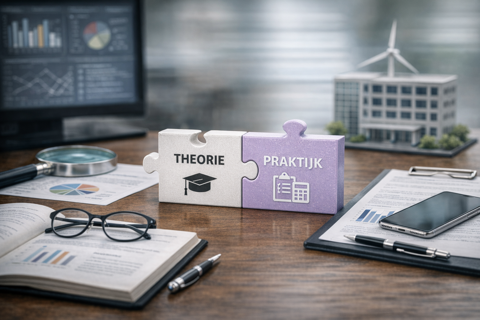 beeld gemaakt door AI - bureau met daarop puzzelstukken integratie theorie en praktijk