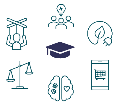 Meerdere afbeeldingen betreffende IT, duurzaamheid, soft skills rondom grafisch beeld van onderwijs